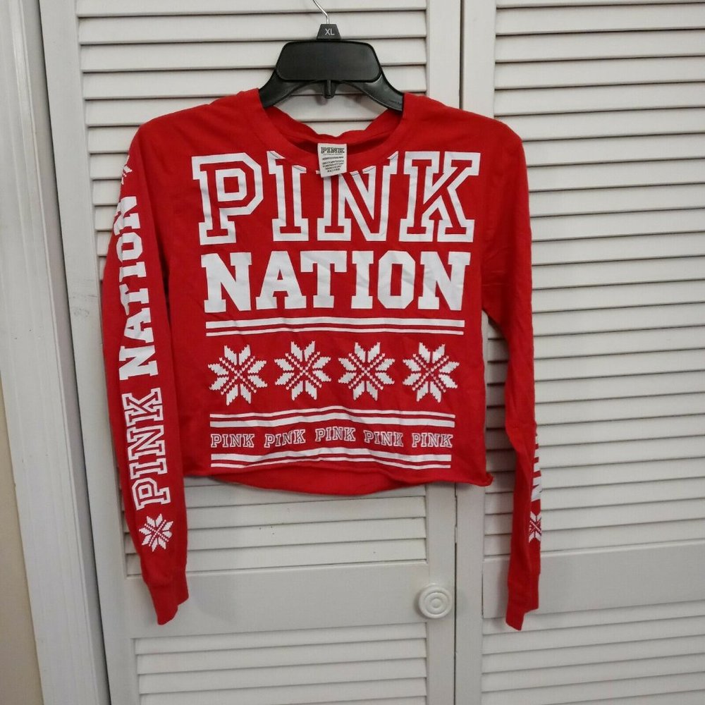 PINK by VICTORIA SECRET Long Sleeve Round Neck Cropped Red & White Shirt Size XS